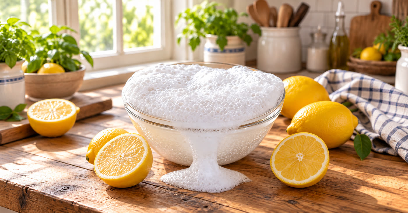 A glass bowl of fizzing baking soda on a sunlit kitchen counter with fresh lemons